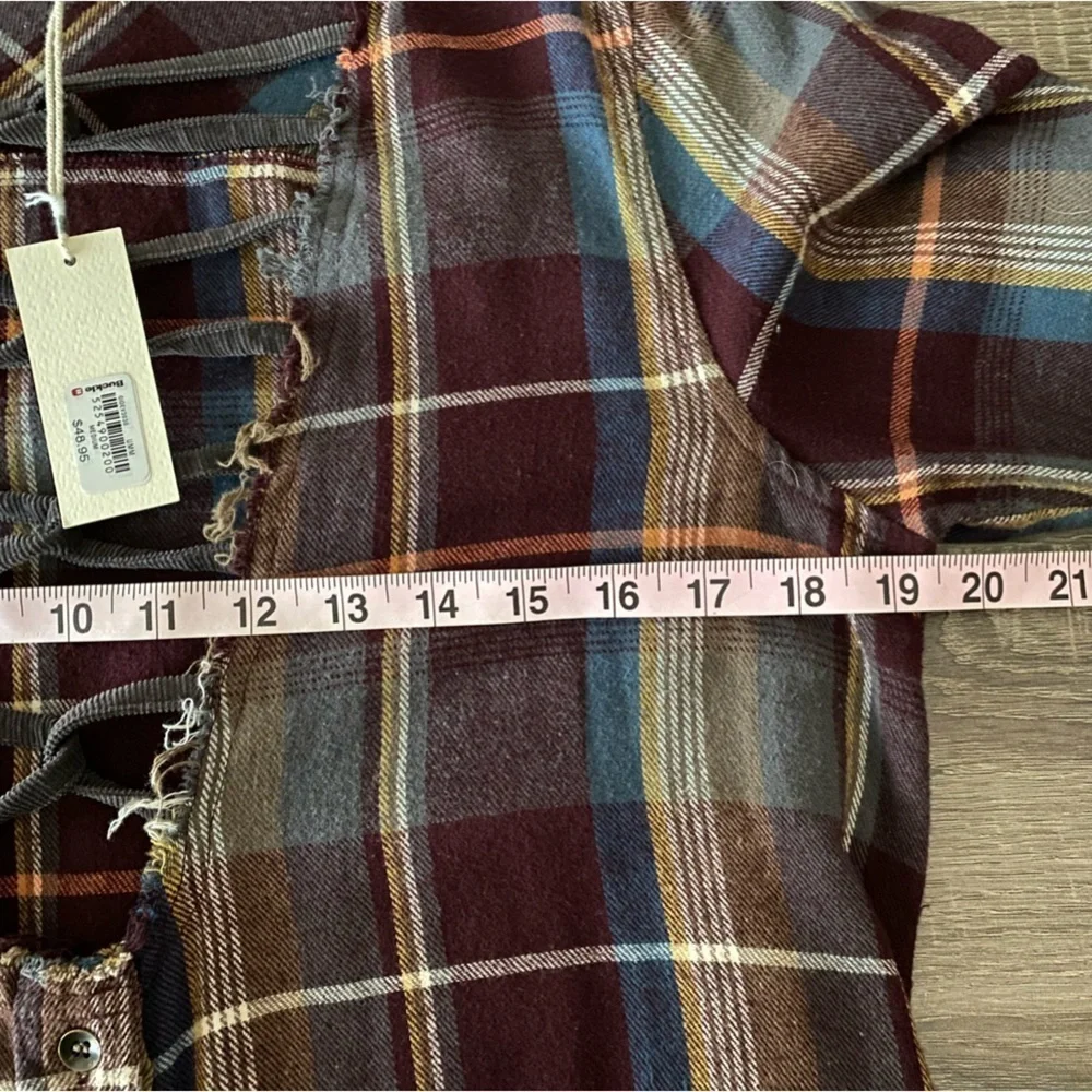 Gilded Intent Plaid Distressed Button Up Crisscross Flannel - Picture 7 of 8
